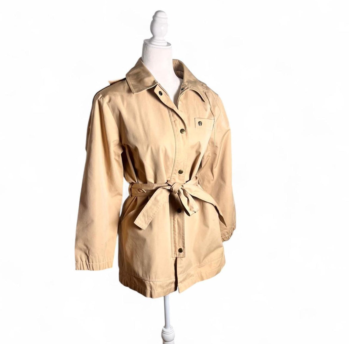 80s belted tan canvas coat, size M