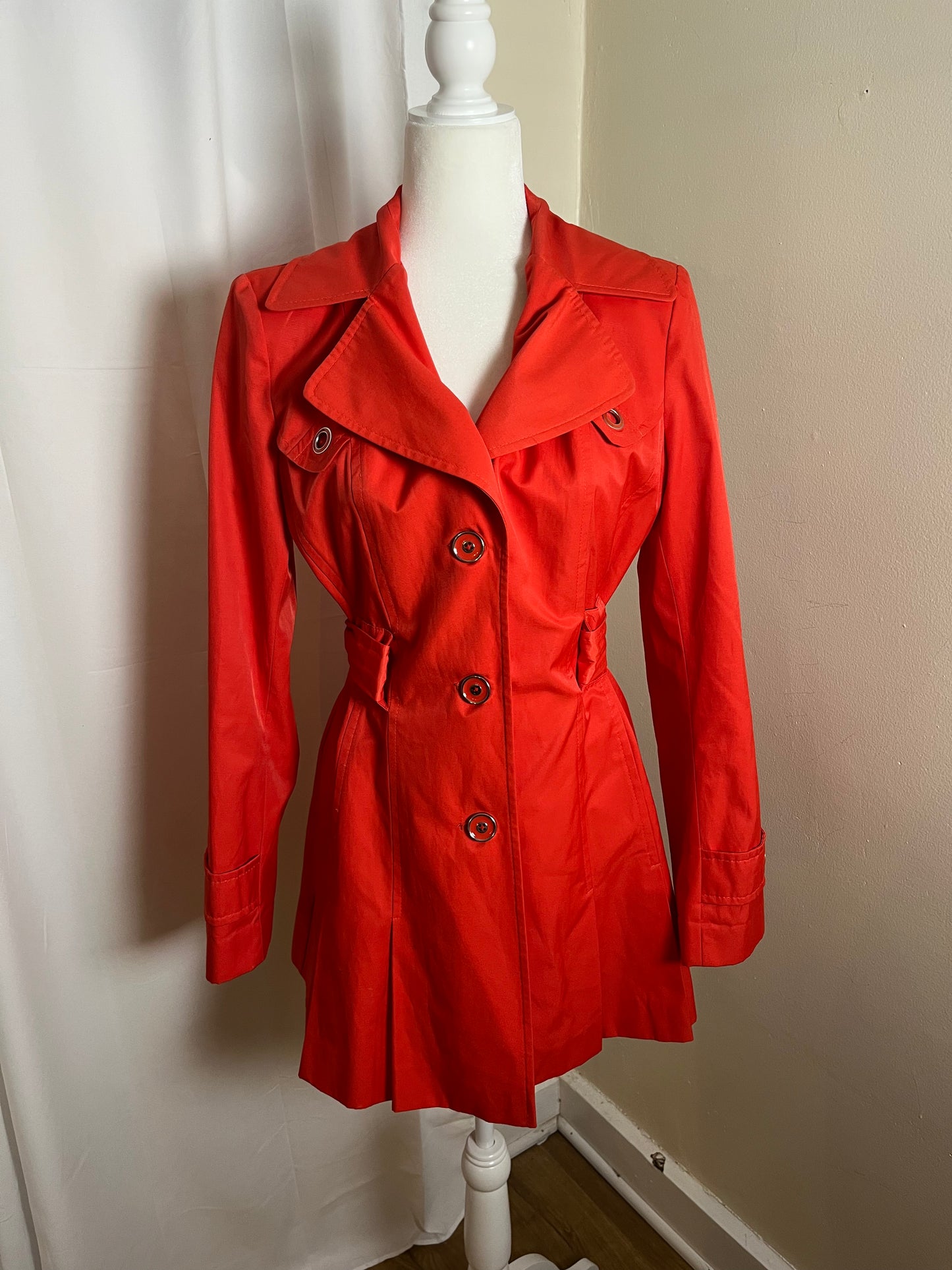 bright red trench coat, size M