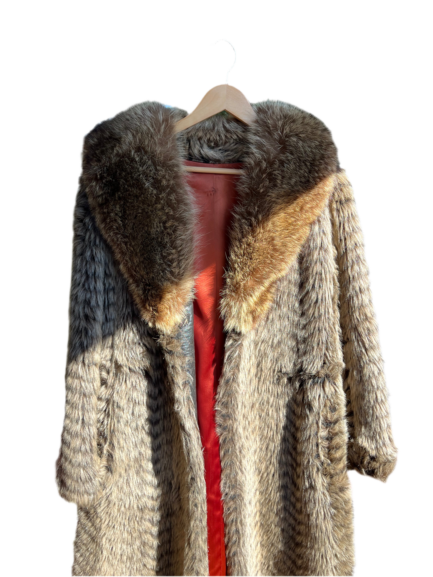 70s geometric print fur coat, size M