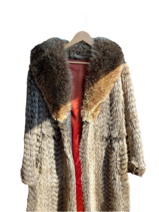 70s geometric print fur coat, size M