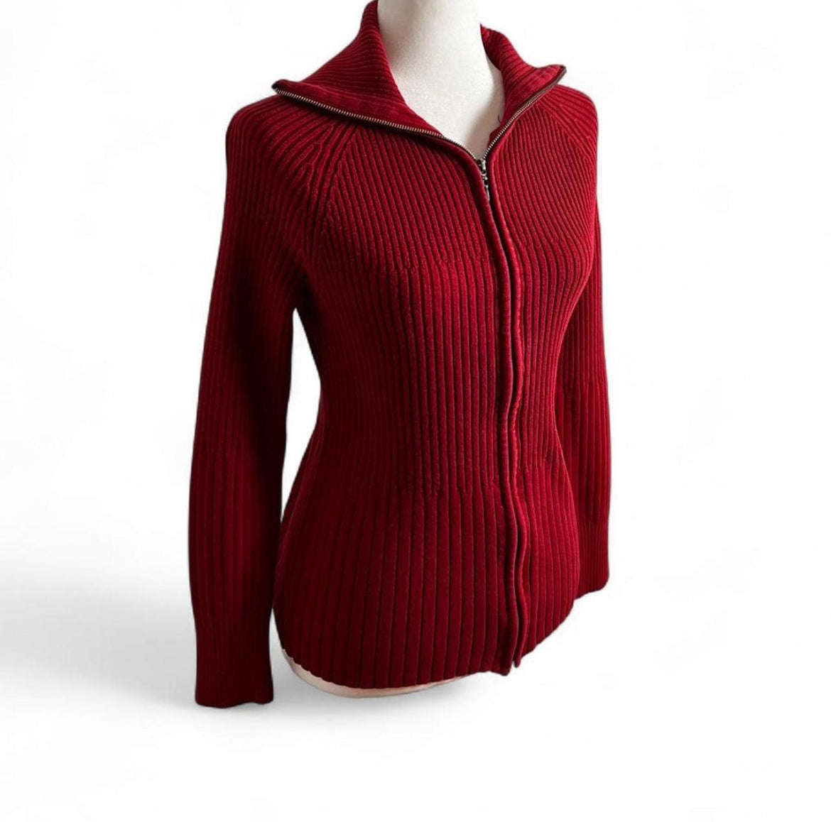 red zip up sweater, size M