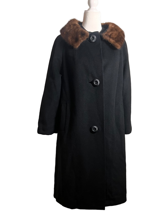 50s wool swing coat with mink collar, sz M