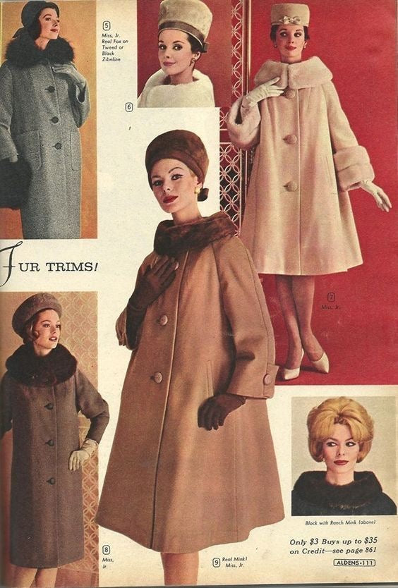 50s wool swing coat with mink collar, sz M