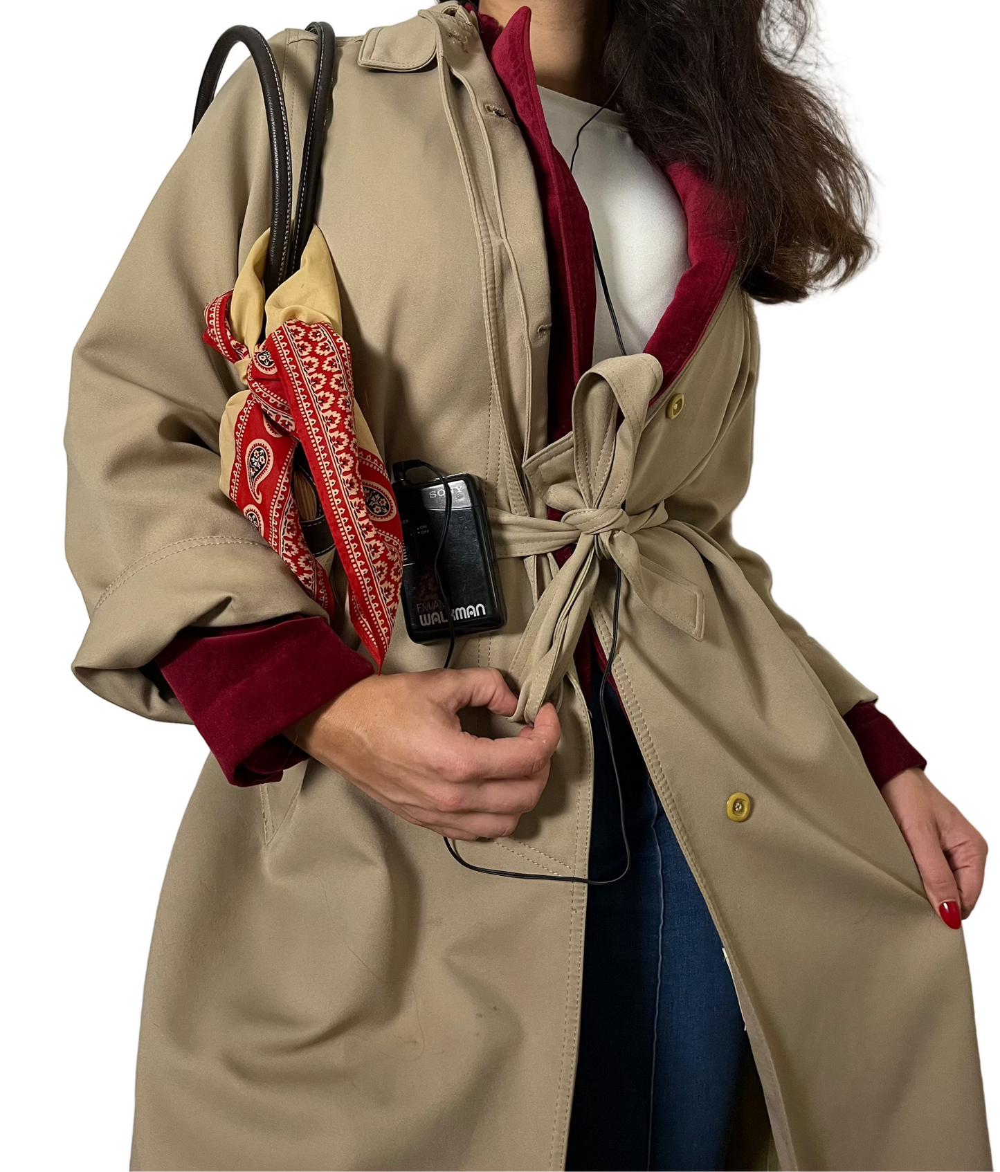 70s tan belted trench, size L