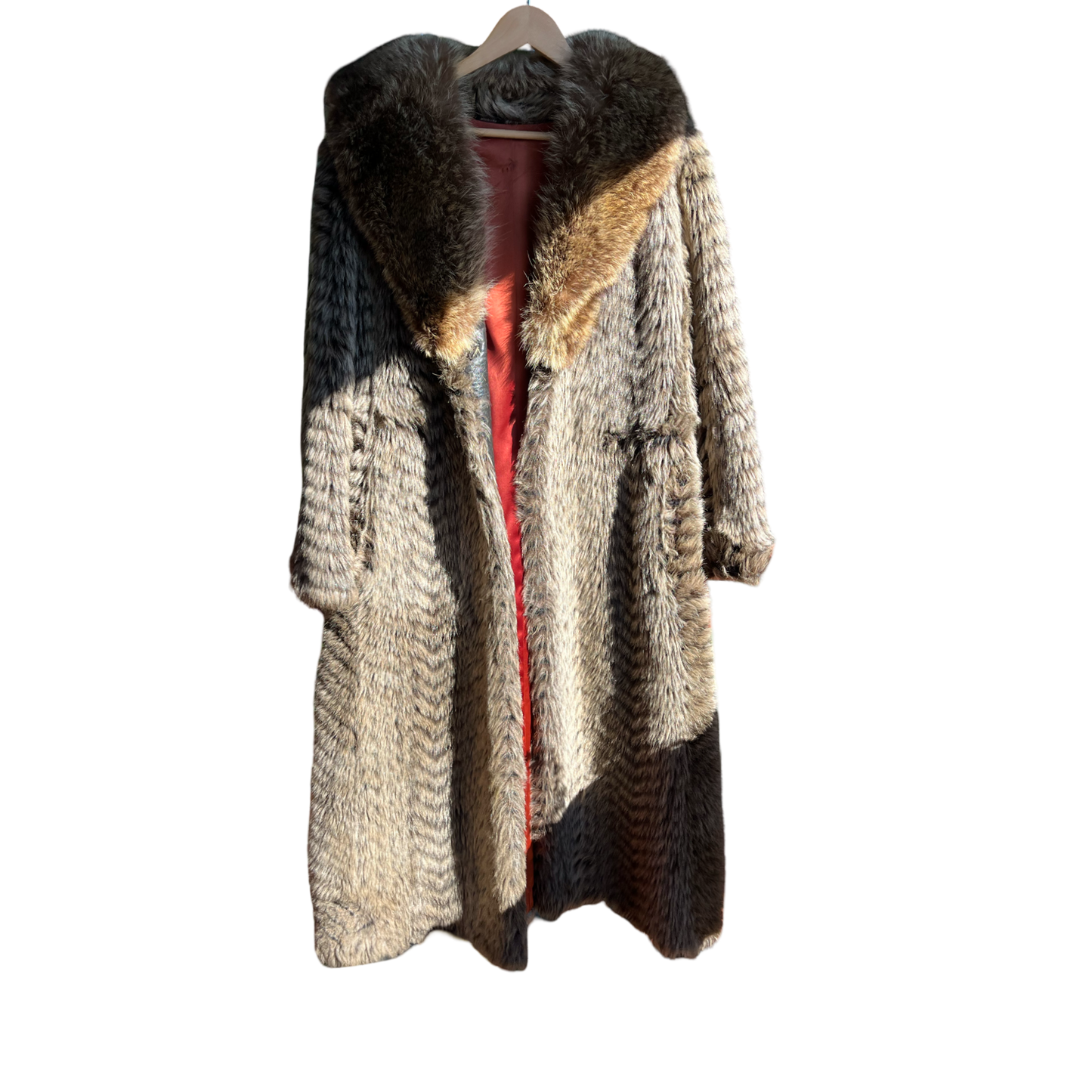 70s geometric print fur coat, size M