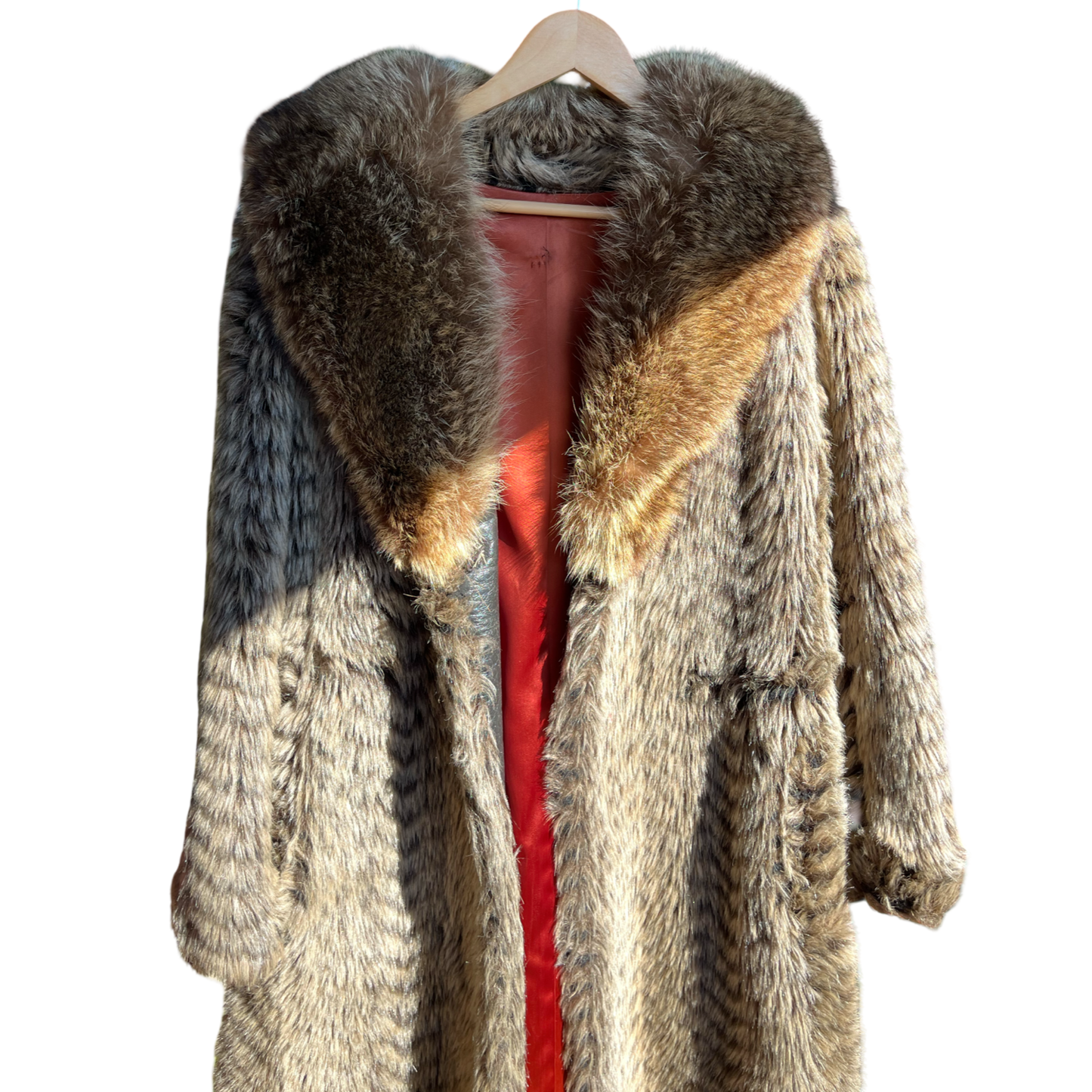 70s geometric print fur coat, size M