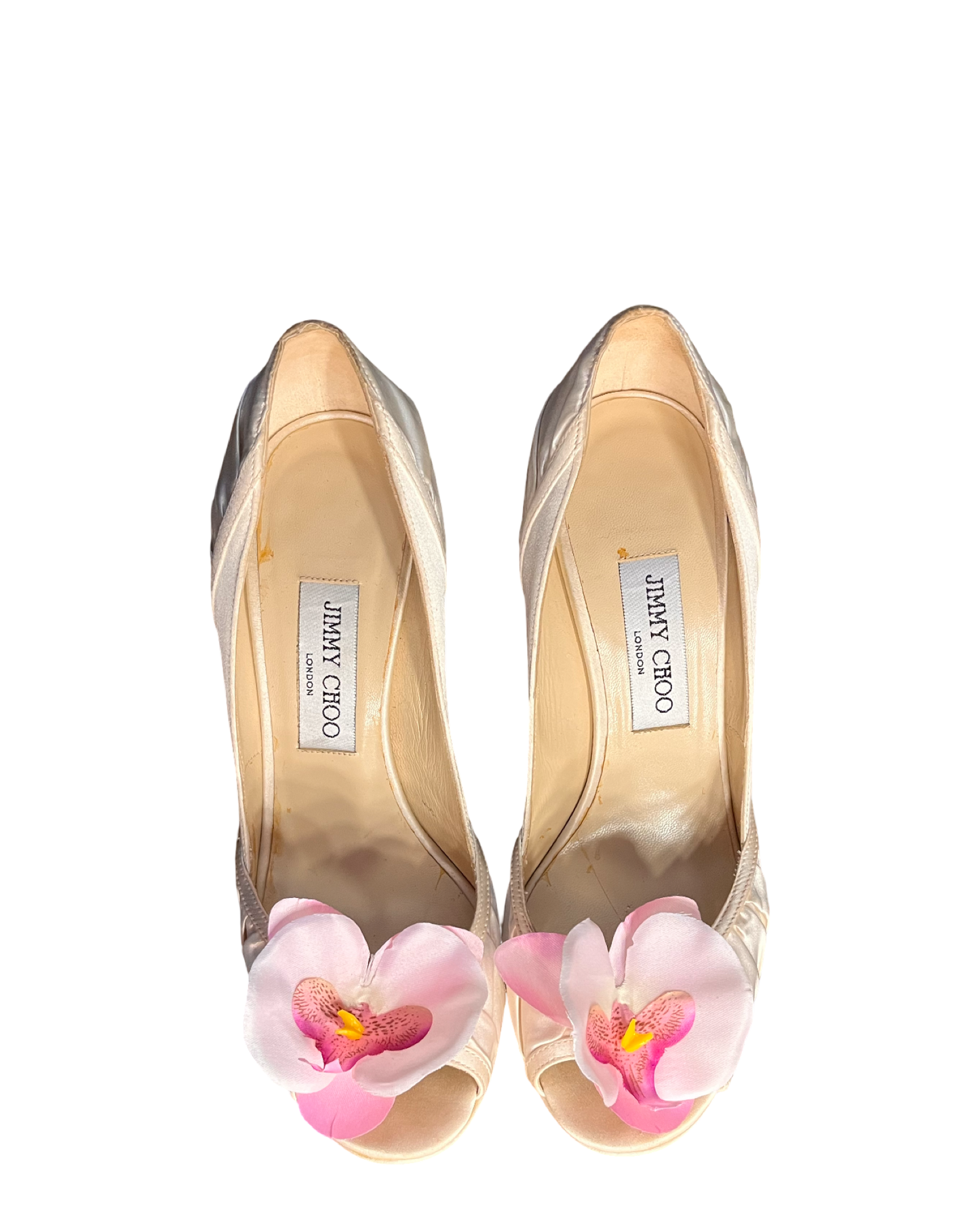Aruba, Jimmy Choo Satin Stilettos with Orchid Detail, US 8
