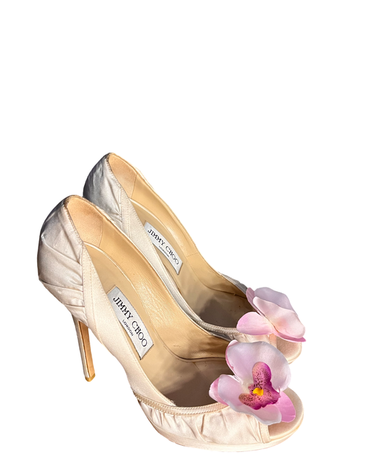 Aruba, Jimmy Choo Satin Stilettos with Orchid Detail, US 8